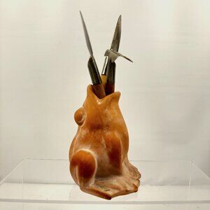 Terracotta Frog Pottery Figurine with 3 Mini Gardening Tools Clay Sculpture Gard
